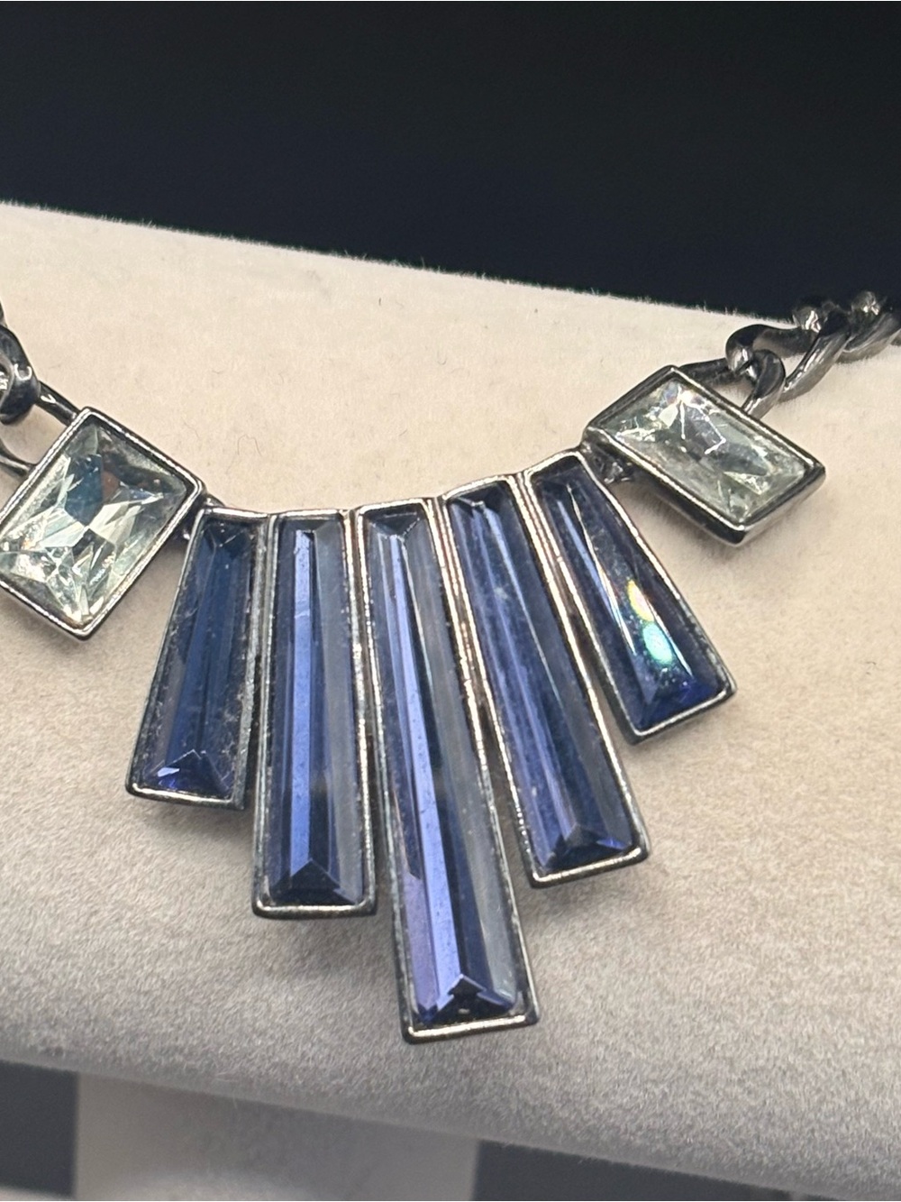 Givenchy Signed Gunmetal Blue Crystal Fan Statement Necklace Art Deco Indigo - Picture 2 of 9